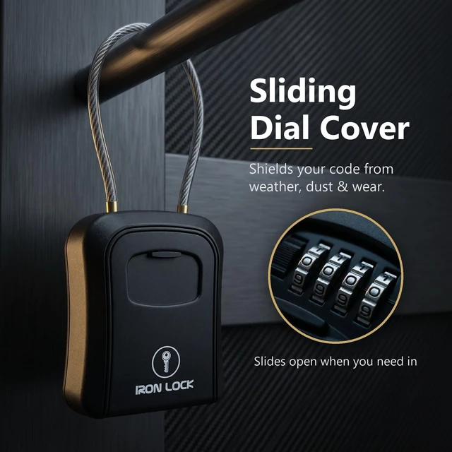Alt view image 4 of 7 - ® Medium Key Lock Box with Code, 15-in Steel Cable Shackle (Black) Built-in key hooks + catch tray; hangs on handles, gates, fences or a hasp; wall-mountable; dial cover; no batteries