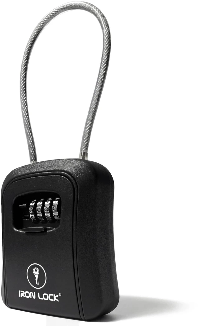 Main image of ® Medium Key Lock Box with Code, 15-in Steel Cable Shackle (Black) Built-in key hooks + catch tray; hangs on handles, gates, fences or a hasp; wall-mountable; dial cover; no batteries