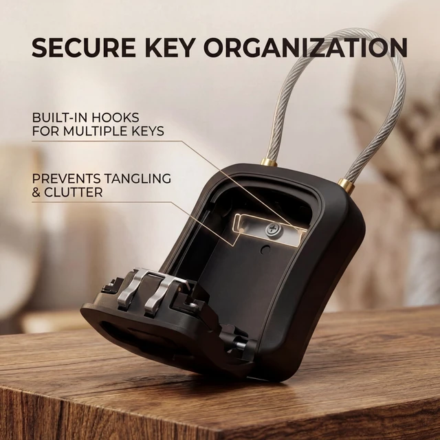 Alt view image 2 of 7 - ® Medium Key Lock Box with Code, 15-in Steel Cable Shackle (Black) Built-in key hooks + catch tray; hangs on handles, gates, fences or a hasp; wall-mountable; dial cover; no batteries