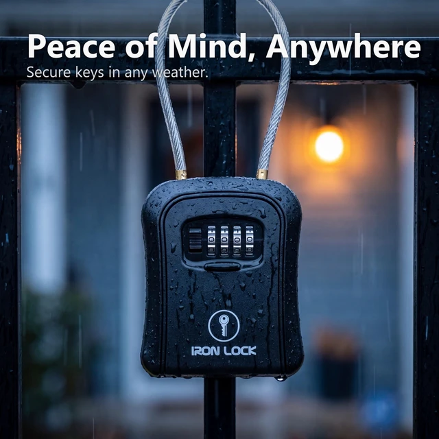 Alt view image 5 of 7 - ® Medium Key Lock Box with Code, 15-in Steel Cable Shackle (Black) Built-in key hooks + catch tray; hangs on handles, gates, fences or a hasp; wall-mountable; dial cover; no batteries