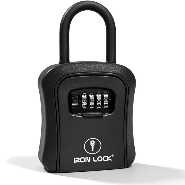 Main image of ® Medium Key Lock Box with Code, U-Shackle Opens Fully Out (Black) Built-in key hooks + catch tray; hangs on handles, gates, fences or a hasp; wall-mountable; dial cover; no batteries