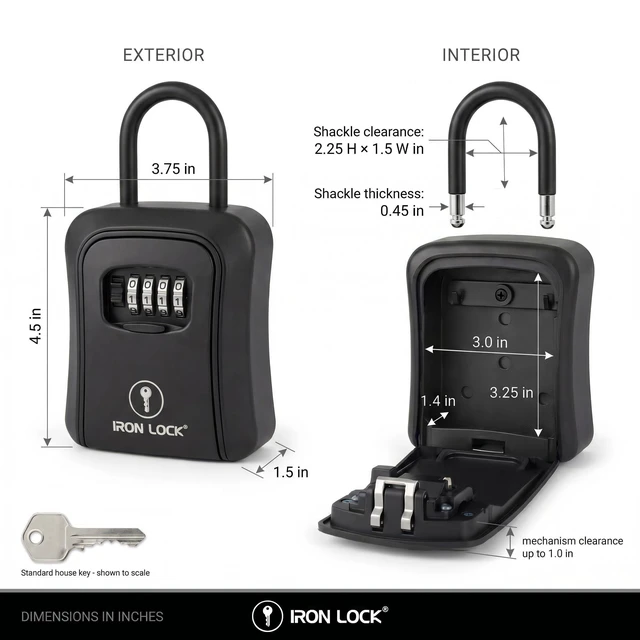 Alt view image 3 of 7 - ® Medium Key Lock Box with Code, U-Shackle Opens Fully Out (Black) Built-in key hooks + catch tray; hangs on handles, gates, fences or a hasp; wall-mountable; dial cover; no batteries