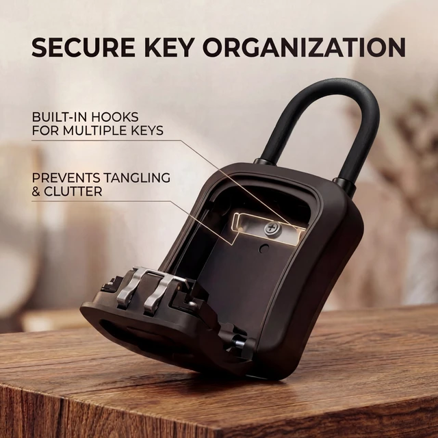 Alt view image 2 of 7 - ® Medium Key Lock Box with Code, U-Shackle Opens Fully Out (Black) Built-in key hooks + catch tray; hangs on handles, gates, fences or a hasp; wall-mountable; dial cover; no batteries