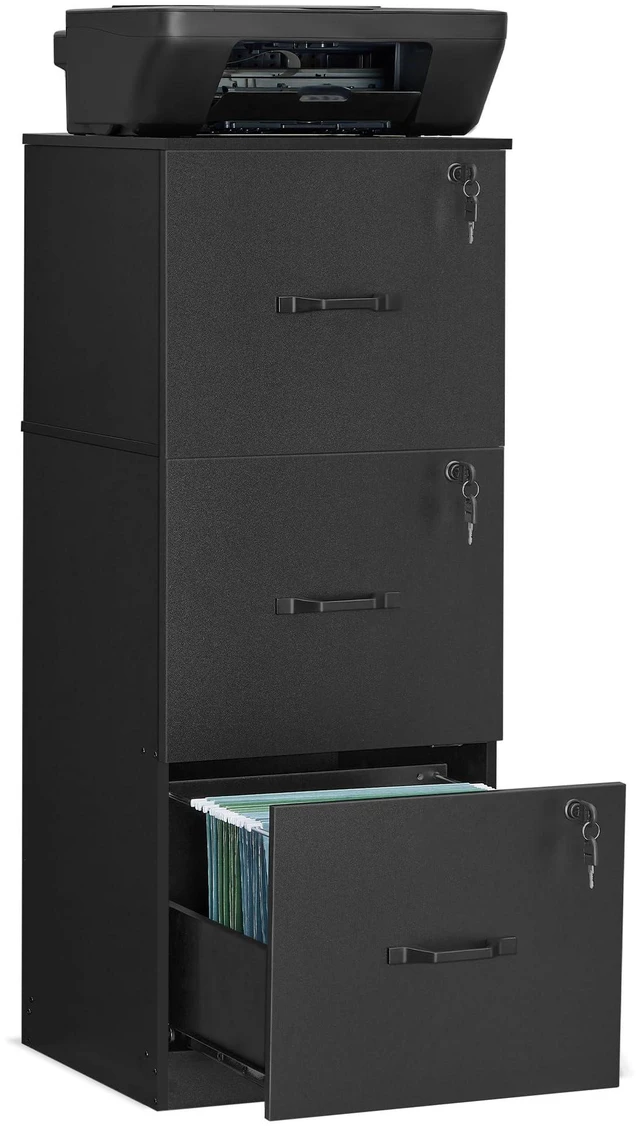 Main image of 3 Drawer File Cabinet with Locks, for A4, Letter Sized Documents Filing Cabinet for Hanging File Folders, Home Office, Ink Black, Custos Collection UOFC055B16
