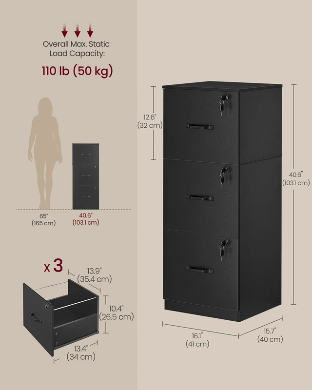 Alt view image 2 of 6 - 3 Drawer File Cabinet with Locks, for A4, Letter Sized Documents Filing Cabinet for Hanging File Folders, Home Office, Ink Black, Custos Collection UOFC055B16