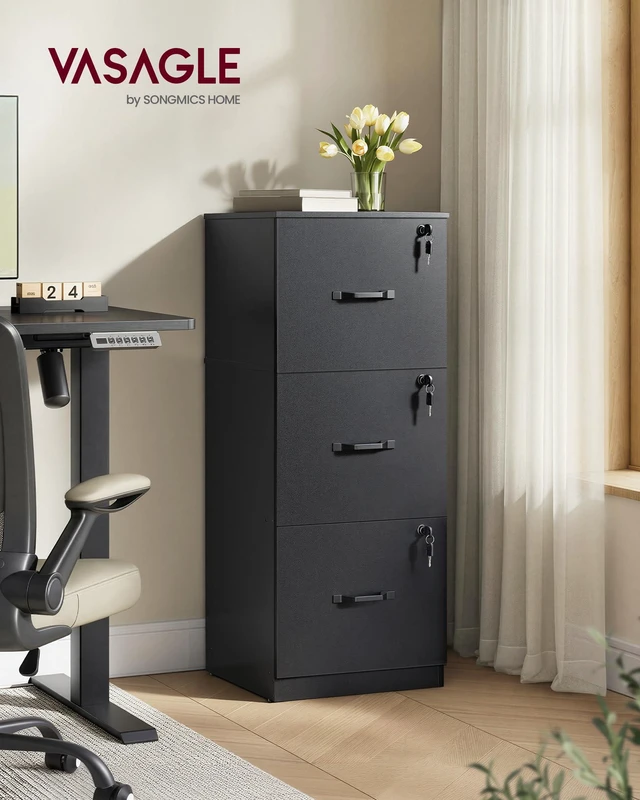 Alt view image 3 of 6 - 3 Drawer File Cabinet with Locks, for A4, Letter Sized Documents Filing Cabinet for Hanging File Folders, Home Office, Ink Black, Custos Collection UOFC055B16