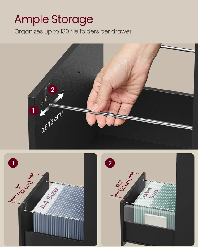 Alt view image 5 of 6 - 3 Drawer File Cabinet with Locks, for A4, Letter Sized Documents Filing Cabinet for Hanging File Folders, Home Office, Ink Black, Custos Collection UOFC055B16