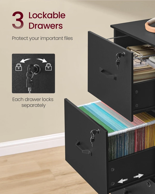 Alt view image 4 of 6 - 3 Drawer File Cabinet with Locks, for A4, Letter Sized Documents Filing Cabinet for Hanging File Folders, Home Office, Ink Black, Custos Collection UOFC055B16