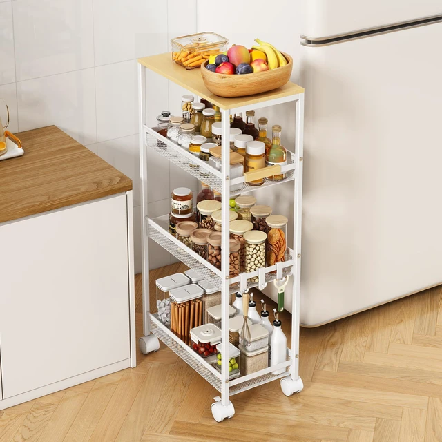 Main image of 4-Tier Slim Utility Rolling Laundry Cart with Wheels, Easy to Assemble 9.1" Wide for Narrow Spaces, Wood Top with Metal Frame, Mobile Storage Shelves for Bathroom, Kitchen, Office