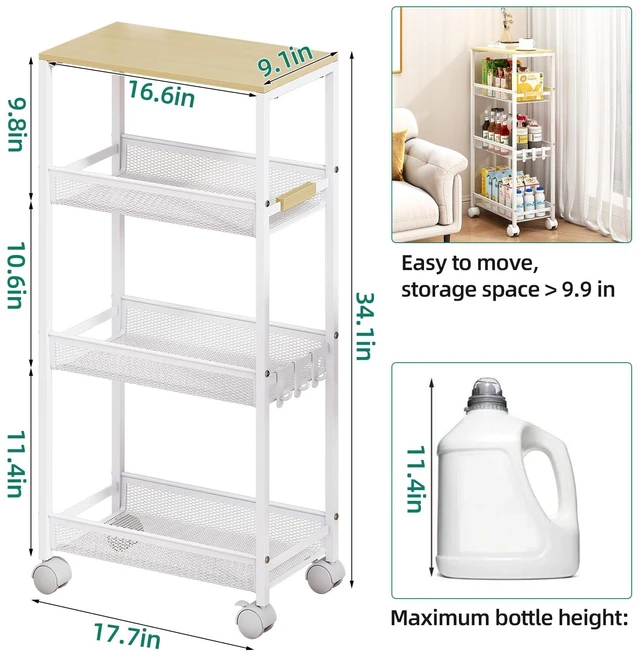 Alt view image 2 of 7 - 4-Tier Slim Utility Rolling Laundry Cart with Wheels, Easy to Assemble 9.1" Wide for Narrow Spaces, Wood Top with Metal Frame, Mobile Storage Shelves for Bathroom, Kitchen, Office