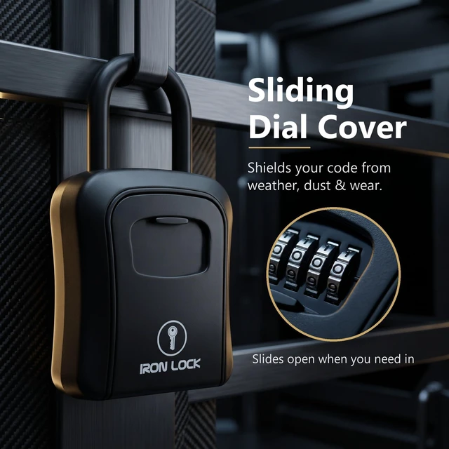 Alt view image 4 of 7 - ® Medium Key Lock Box with Code, U-Shackle Opens Fully Out (Black) Built-in key hooks + catch tray; hangs on handles, gates, fences or a hasp; wall-mountable; dial cover; no batteries