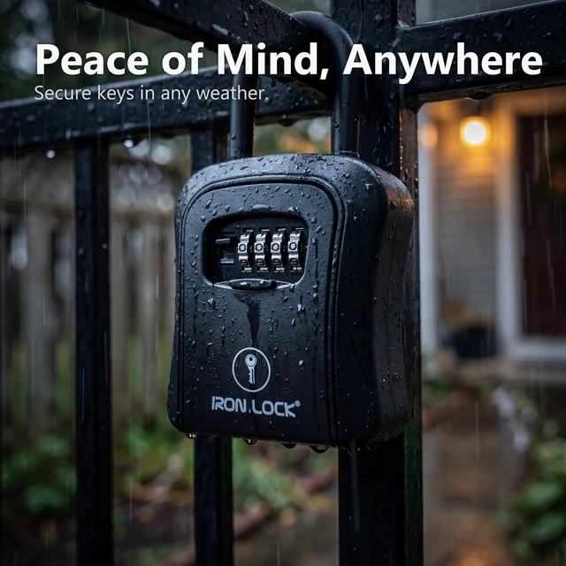 Alt view image 5 of 7 - ® Medium Key Lock Box with Code, U-Shackle Opens Fully Out (Black) Built-in key hooks + catch tray; hangs on handles, gates, fences or a hasp; wall-mountable; dial cover; no batteries