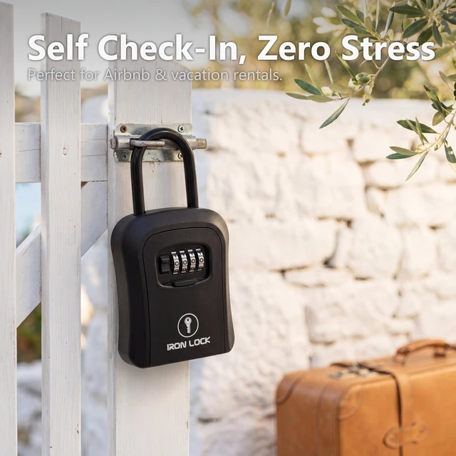Alt view image 6 of 7 - ® Medium Key Lock Box with Code, U-Shackle Opens Fully Out (Black) Built-in key hooks + catch tray; hangs on handles, gates, fences or a hasp; wall-mountable; dial cover; no batteries