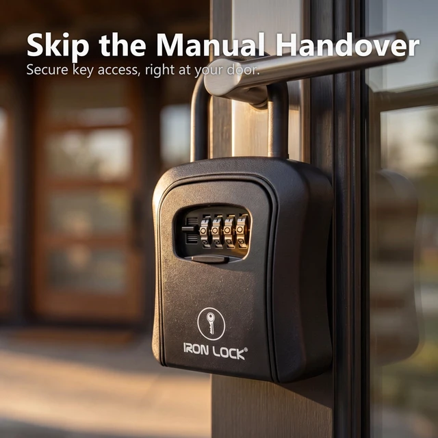 Alt view image 7 of 7 - ® Medium Key Lock Box with Code, U-Shackle Opens Fully Out (Black) Built-in key hooks + catch tray; hangs on handles, gates, fences or a hasp; wall-mountable; dial cover; no batteries