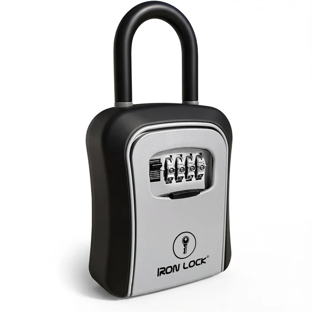 Main image of ® Medium Key Lock Box with Code, U-Shackle Opens Fully Out (Grey) Built-in key hooks + catch tray; hangs on handles, gates, fences or a hasp; wall-mountable; dial cover; no batteries