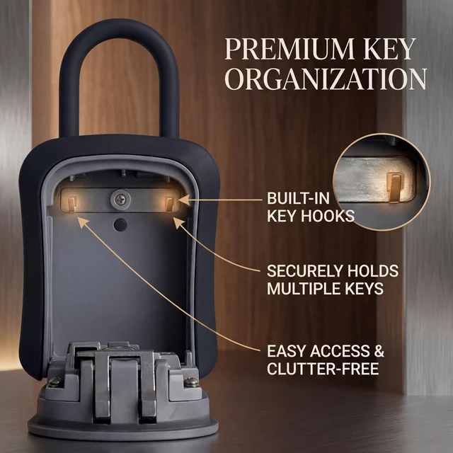 Alt view image 2 of 7 - ® Medium Key Lock Box with Code, U-Shackle Opens Fully Out (Grey) Built-in key hooks + catch tray; hangs on handles, gates, fences or a hasp; wall-mountable; dial cover; no batteries