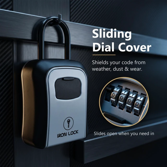 Alt view image 4 of 7 - ® Medium Key Lock Box with Code, U-Shackle Opens Fully Out (Grey) Built-in key hooks + catch tray; hangs on handles, gates, fences or a hasp; wall-mountable; dial cover; no batteries