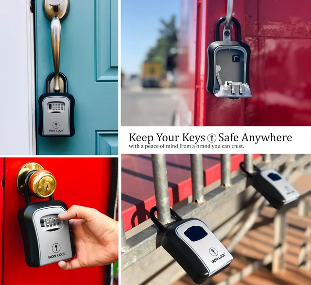 Alt view image 6 of 7 - ® Medium Key Lock Box with Code, U-Shackle Opens Fully Out (Grey) Built-in key hooks + catch tray; hangs on handles, gates, fences or a hasp; wall-mountable; dial cover; no batteries