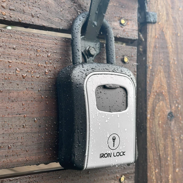 Alt view image 5 of 7 - ® Medium Key Lock Box with Code, U-Shackle Opens Fully Out (Grey) Built-in key hooks + catch tray; hangs on handles, gates, fences or a hasp; wall-mountable; dial cover; no batteries