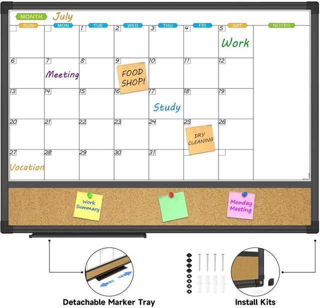 Alt view image 2 of 6 - Magnetic Dry Erase Calendar Whiteboard, 24" x 18" Monthly Board White Board Cork Board Combo, Black Aluminum Frame Wall Mounted Board for Office Home and School with 10 Push Pins
