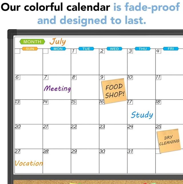 Alt view image 3 of 6 - Magnetic Dry Erase Calendar Whiteboard, 24" x 18" Monthly Board White Board Cork Board Combo, Black Aluminum Frame Wall Mounted Board for Office Home and School with 10 Push Pins