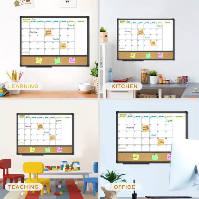 Alt view image 4 of 6 - Magnetic Dry Erase Calendar Whiteboard, 24" x 18" Monthly Board White Board Cork Board Combo, Black Aluminum Frame Wall Mounted Board for Office Home and School with 10 Push Pins