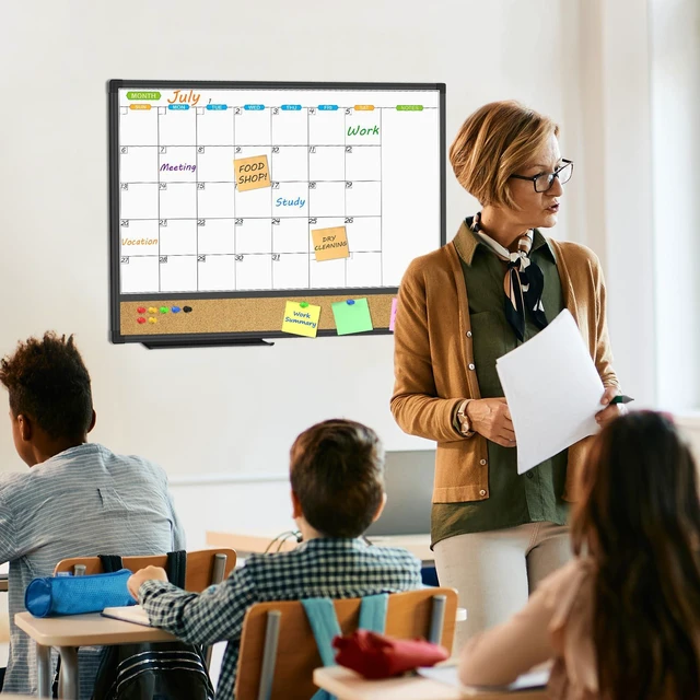 Alt view image 6 of 6 - Magnetic Dry Erase Calendar Whiteboard, 24" x 18" Monthly Board White Board Cork Board Combo, Black Aluminum Frame Wall Mounted Board for Office Home and School with 10 Push Pins