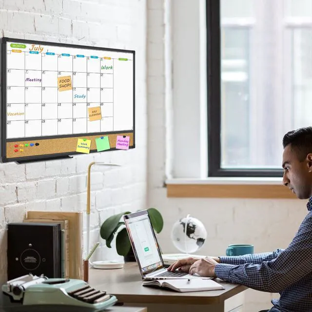 Alt view image 5 of 6 - Magnetic Dry Erase Calendar Whiteboard, 24" x 18" Monthly Board White Board Cork Board Combo, Black Aluminum Frame Wall Mounted Board for Office Home and School with 10 Push Pins