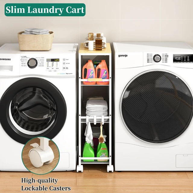 Alt view image 3 of 7 - 4-Tier Slim Utility Rolling Laundry Cart with Wheels, Easy to Assemble 9.1" Wide for Narrow Spaces, Wood Top with Metal Frame, Mobile Storage Shelves for Bathroom, Kitchen, Office