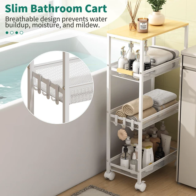 Alt view image 4 of 7 - 4-Tier Slim Utility Rolling Laundry Cart with Wheels, Easy to Assemble 9.1" Wide for Narrow Spaces, Wood Top with Metal Frame, Mobile Storage Shelves for Bathroom, Kitchen, Office