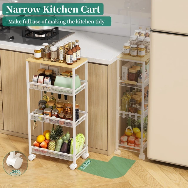 Alt view image 5 of 7 - 4-Tier Slim Utility Rolling Laundry Cart with Wheels, Easy to Assemble 9.1" Wide for Narrow Spaces, Wood Top with Metal Frame, Mobile Storage Shelves for Bathroom, Kitchen, Office