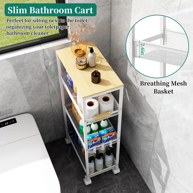 Alt view image 6 of 7 - 4-Tier Slim Utility Rolling Laundry Cart with Wheels, Easy to Assemble 9.1" Wide for Narrow Spaces, Wood Top with Metal Frame, Mobile Storage Shelves for Bathroom, Kitchen, Office