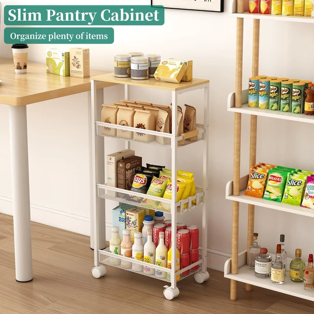 Alt view image 7 of 7 - 4-Tier Slim Utility Rolling Laundry Cart with Wheels, Easy to Assemble 9.1" Wide for Narrow Spaces, Wood Top with Metal Frame, Mobile Storage Shelves for Bathroom, Kitchen, Office