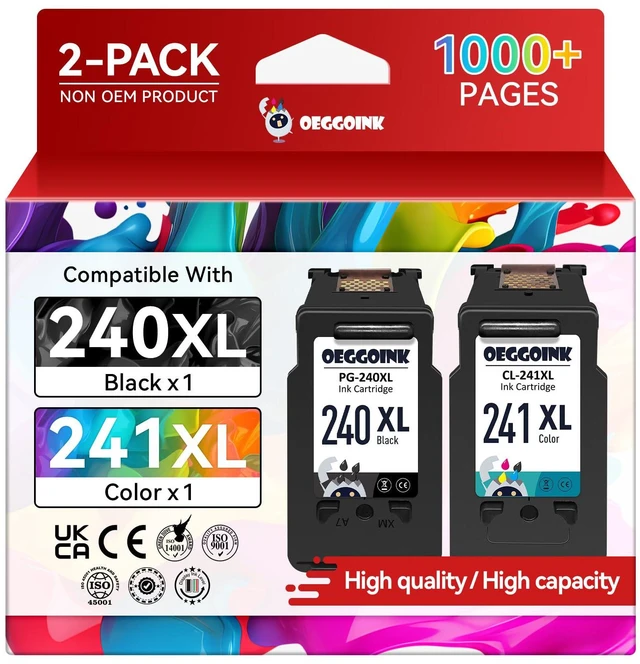 Main image of 240XL 241XL Ink Cartridges Compatible for Canon 240XL 241XL Combo Pack High Yield Compatible for Canon Ink 240 241 fit for PIXMA MG3620 MG3600 MG3520 TS5120 MG2120 MX472 MX452 Printer(2 PACK)