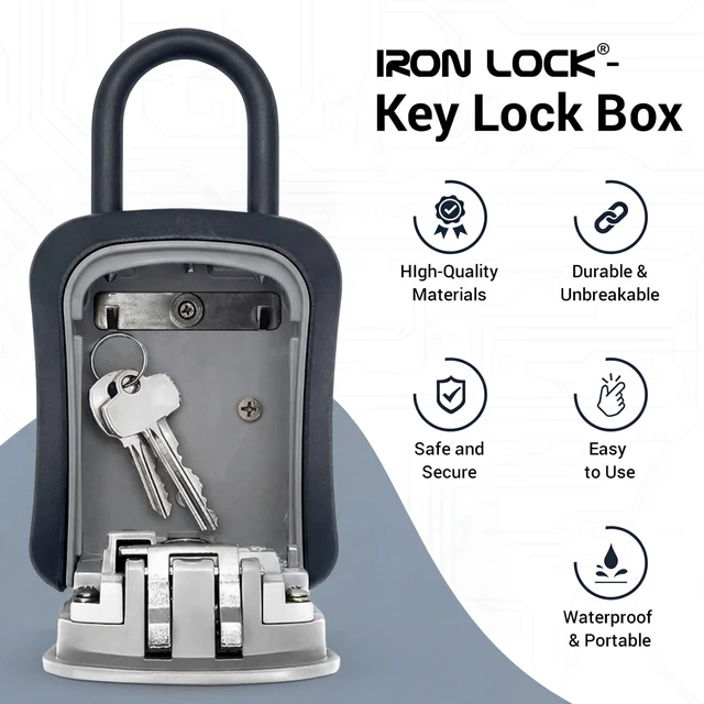 Alt view image 7 of 7 - ® Medium Key Lock Box with Code, U-Shackle Opens Fully Out (Grey) Built-in key hooks + catch tray; hangs on handles, gates, fences or a hasp; wall-mountable; dial cover; no batteries