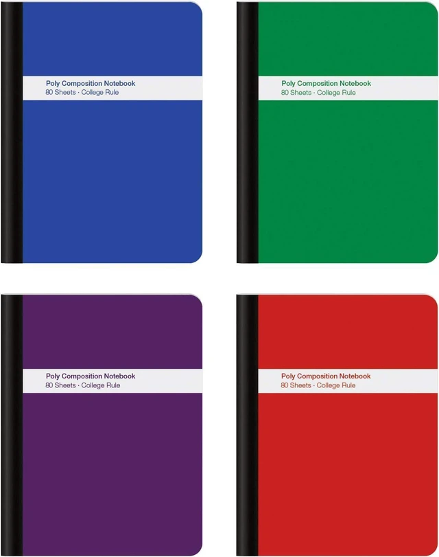 Main image of Poly Composition Notebook 4 Count, College Ruled Paper, 9-3/4 x 7-1/2 Inches, 80 Sheets, Assorted Colors: Blue, Green, Purple, Red (64958) (Pack of 6)