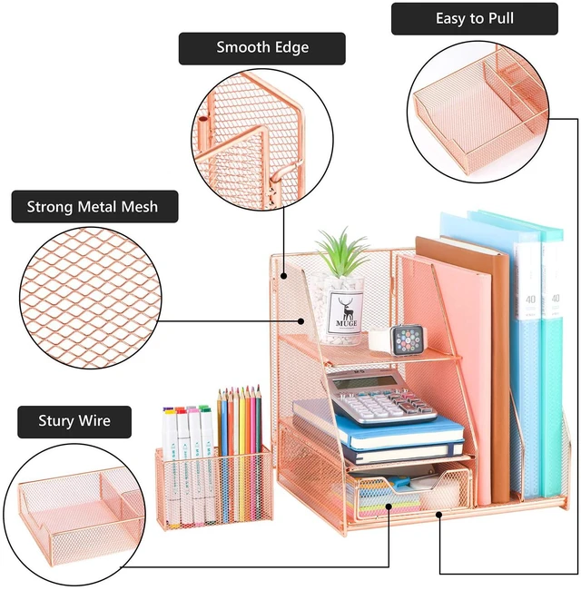 Alt view image 2 of 7 - Rose Gold Desk Accessories, Office Supplies Desk Organizer Caddy with Sliding Drawer, Double Tray, File Organizer and pen holder for Home, Office School