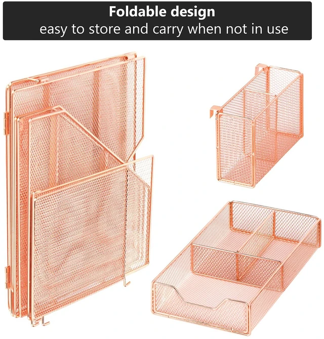 Alt view image 3 of 7 - Rose Gold Desk Accessories, Office Supplies Desk Organizer Caddy with Sliding Drawer, Double Tray, File Organizer and pen holder for Home, Office School
