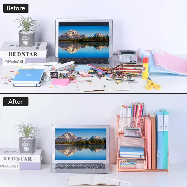 Alt view image 4 of 7 - Rose Gold Desk Accessories, Office Supplies Desk Organizer Caddy with Sliding Drawer, Double Tray, File Organizer and pen holder for Home, Office School