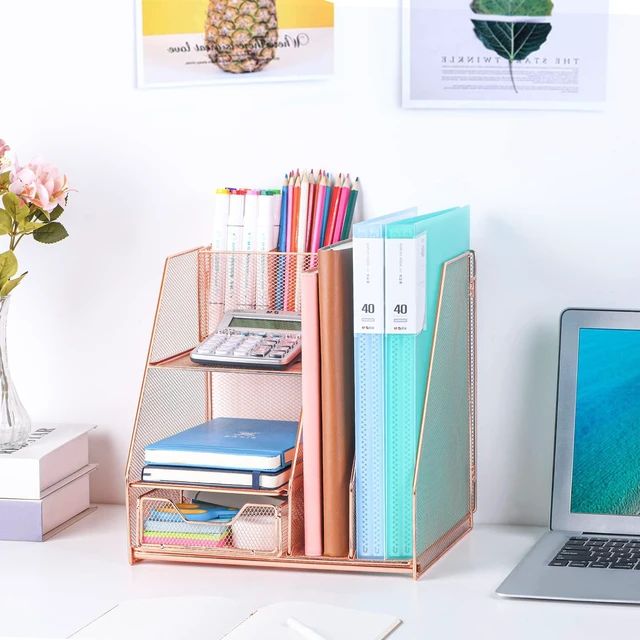Alt view image 6 of 7 - Rose Gold Desk Accessories, Office Supplies Desk Organizer Caddy with Sliding Drawer, Double Tray, File Organizer and pen holder for Home, Office School