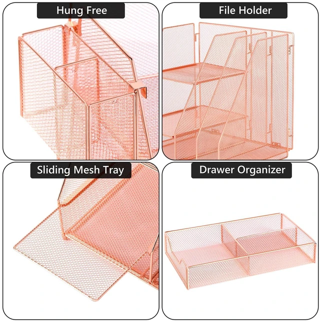 Alt view image 5 of 7 - Rose Gold Desk Accessories, Office Supplies Desk Organizer Caddy with Sliding Drawer, Double Tray, File Organizer and pen holder for Home, Office School