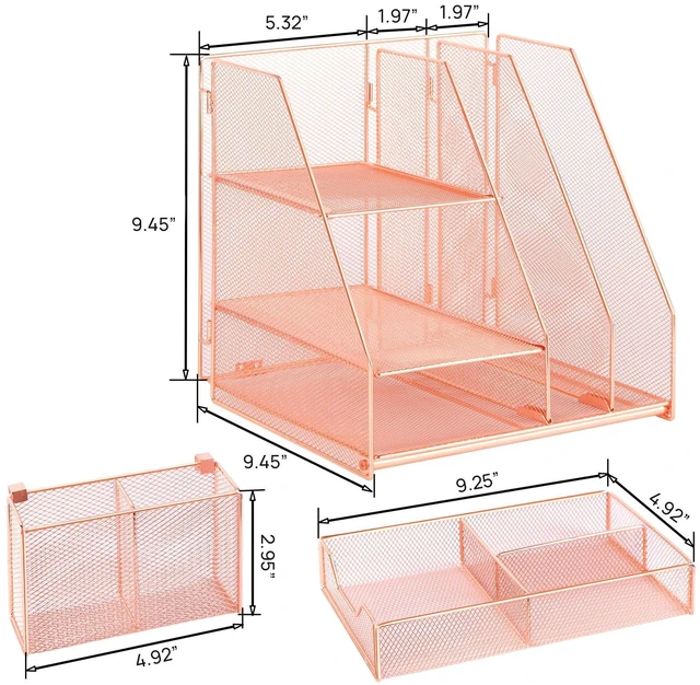 Alt view image 7 of 7 - Rose Gold Desk Accessories, Office Supplies Desk Organizer Caddy with Sliding Drawer, Double Tray, File Organizer and pen holder for Home, Office School