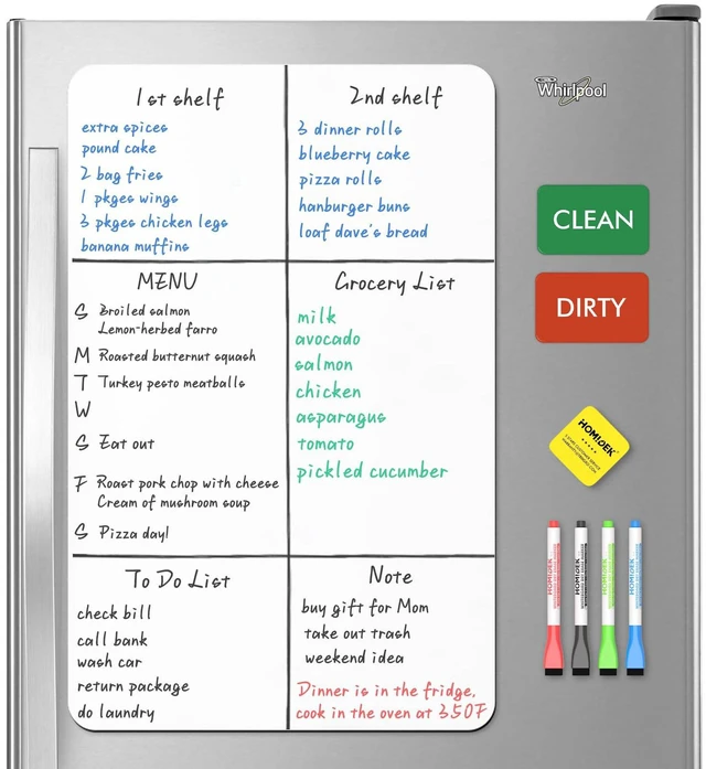 Main image of Magnetic Dry Erase Board: Large Fridge Whiteboard, Flexible Refrigerator Magnet White Board, Blank Writing Note Sheet with Dishwasher Magnet Clean Dirty Sign, 4 Markers & Eraser - 23 x 15