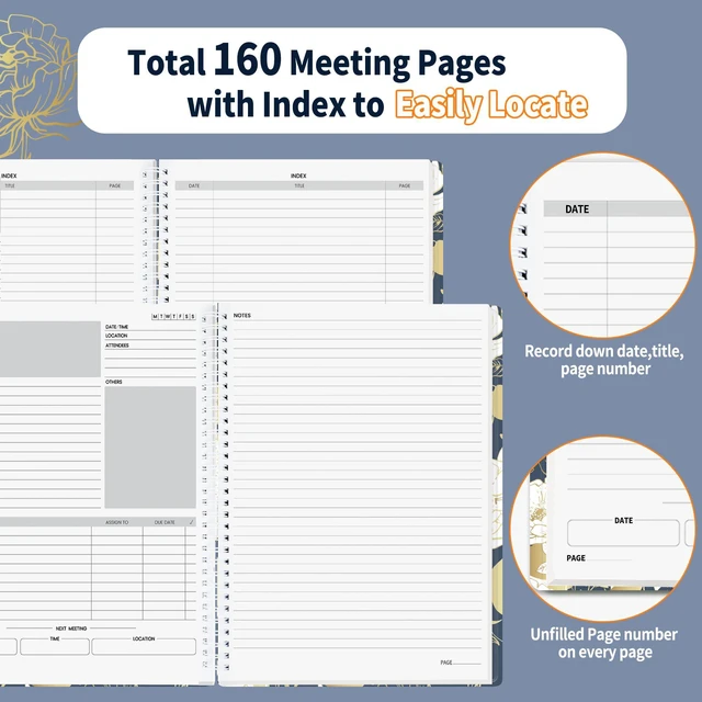 Alt view image 4 of 6 - Half Meeting Half Note - 8.5"x11" Professional Notebooks for Work - 160 Pages, A4 Size Project Planner, Spiral Meeting Agenda/Minutes Organizer for Women Men, Note Taking, Office & Business