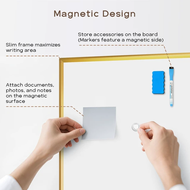Alt view image 5 of 7 - Large Magnetic Whiteboard, 30" x 20" Dry Erase White Board for Wall Gold Aluminum Frame, Easy to Write and Erase, Wall Mounted, Presentation Board, for Home, Office, School, Kitchen