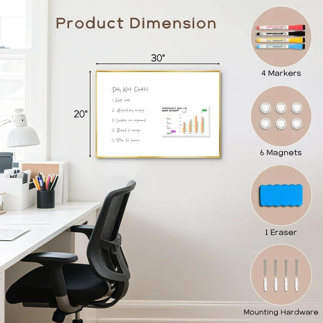 Alt view image 2 of 7 - Large Magnetic Whiteboard, 30" x 20" Dry Erase White Board for Wall Gold Aluminum Frame, Easy to Write and Erase, Wall Mounted, Presentation Board, for Home, Office, School, Kitchen