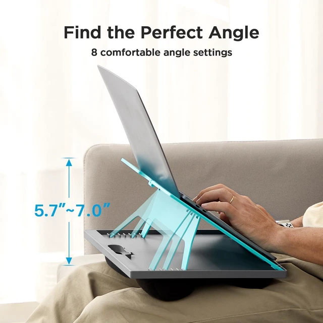 Alt view image 2 of 7 - Lap Desk with 8 Adjustable Angles Up to 15.6" Laptop, Turquoise Dual-cushion base, carry handle, 30% thicker for durability, wider anti-slip ledge, for home office, sofa, bed, car