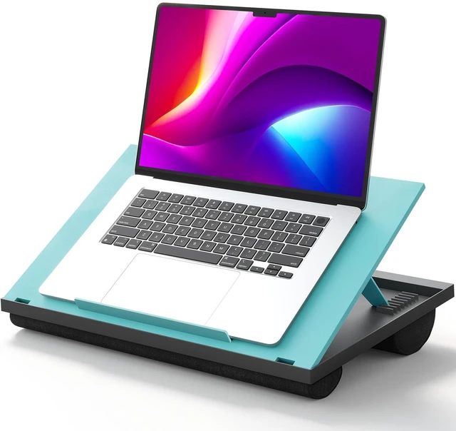 Main image of Lap Desk with 8 Adjustable Angles Up to 15.6" Laptop, Turquoise Dual-cushion base, carry handle, 30% thicker for durability, wider anti-slip ledge, for home office, sofa, bed, car