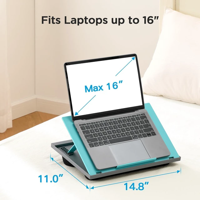 Alt view image 4 of 7 - Lap Desk with 8 Adjustable Angles Up to 15.6" Laptop, Turquoise Dual-cushion base, carry handle, 30% thicker for durability, wider anti-slip ledge, for home office, sofa, bed, car