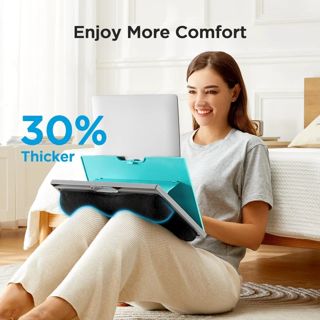 Alt view image 3 of 7 - Lap Desk with 8 Adjustable Angles Up to 15.6" Laptop, Turquoise Dual-cushion base, carry handle, 30% thicker for durability, wider anti-slip ledge, for home office, sofa, bed, car